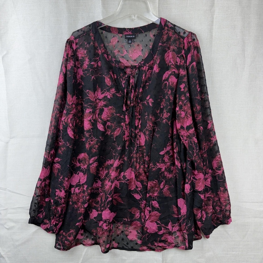 Torrid Blouse Womens 3X Black Pink Floral Sheer Clip Dot Long Sleeve Tunic Top